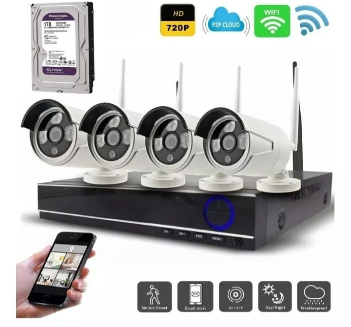 Kit 4 Camara de Seguridad  Inalambricas 2MP con Disco Duro 1 Terabyte 1080P