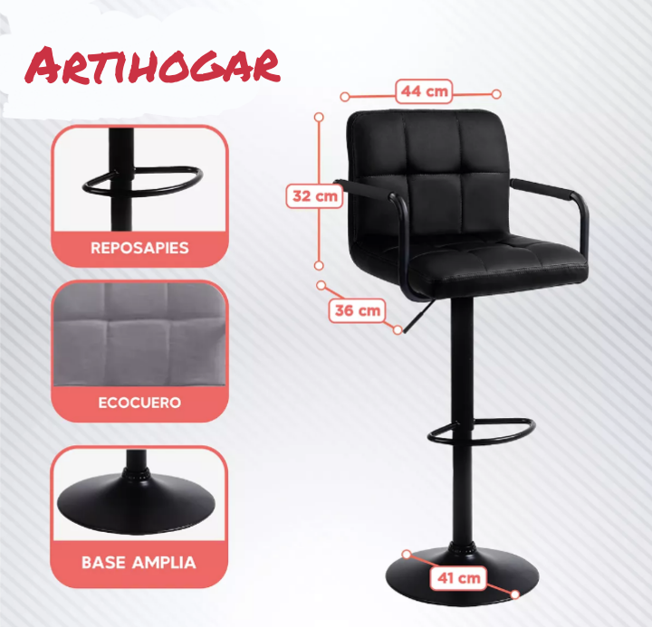 Pack Sillas Bar  Milan D Luxe Ecocuero con Apoyabrazo color Negro/Negro