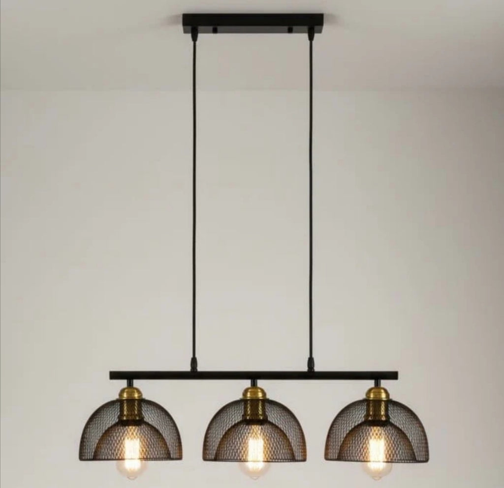 LAMPARA COLGANTE BASE LINEAL TRES MALLAS NEGRA PISA
