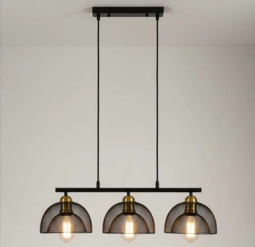 LAMPARA COLGANTE BASE LINEAL TRES MALLAS NEGRA PISA