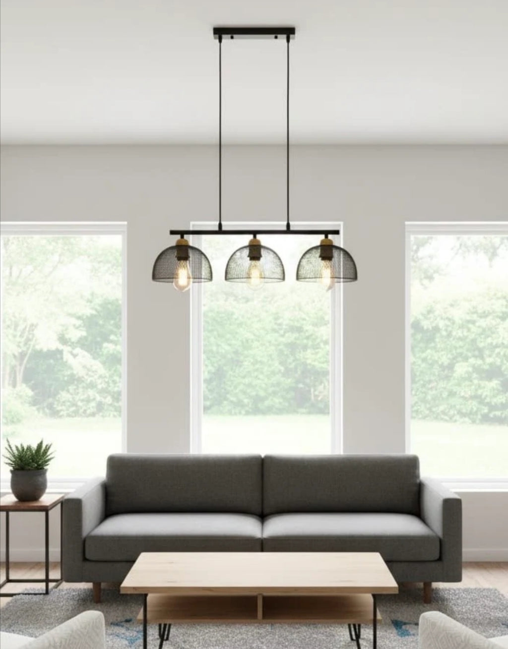 LAMPARA COLGANTE BASE LINEAL TRES MALLAS NEGRA PISA