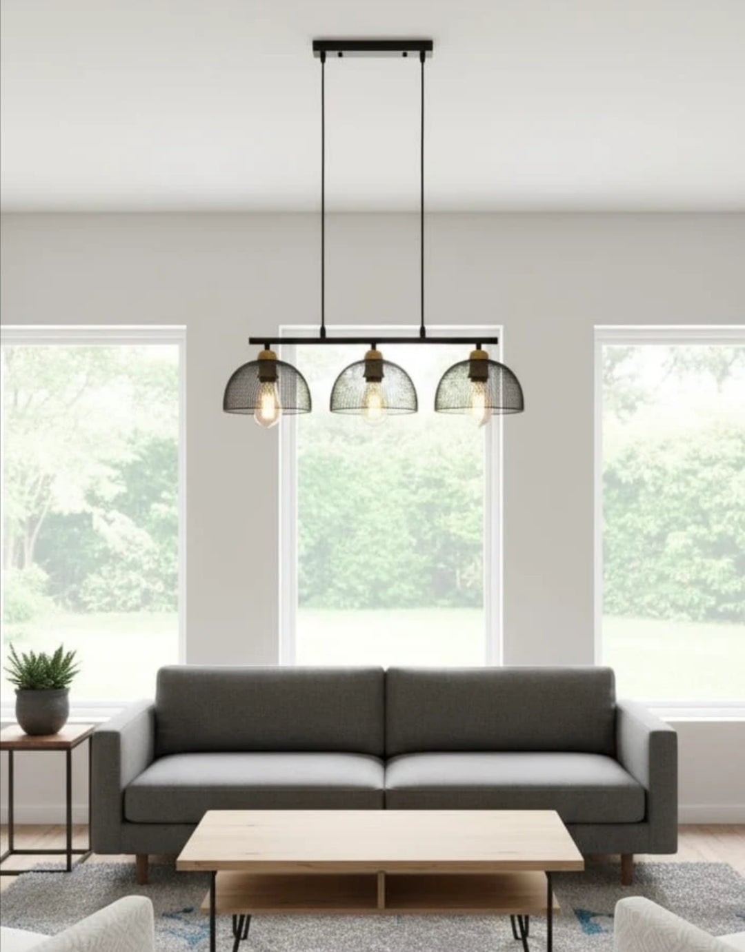 LAMPARA COLGANTE BASE LINEAL TRES MALLAS NEGRA PISA