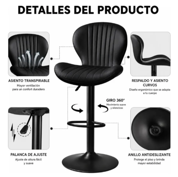 Pack 2 Sillas Bar Taburete PU Portobello Negro/Negro