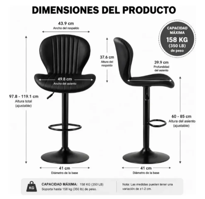 Pack 2 Sillas Bar Taburete PU Portobello Negro/Negro
