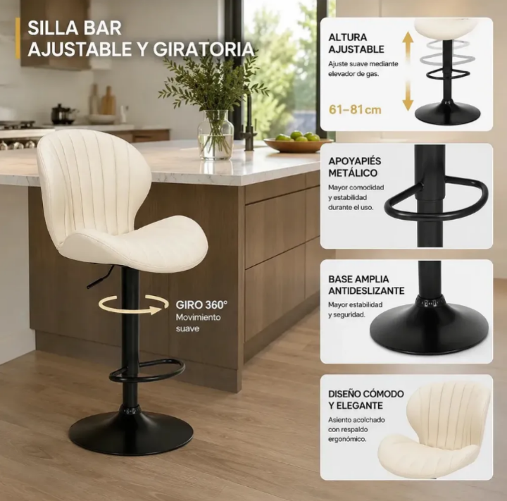 Pack 2 Sillas Bar Taburete PU Portobello Blanco/Negro