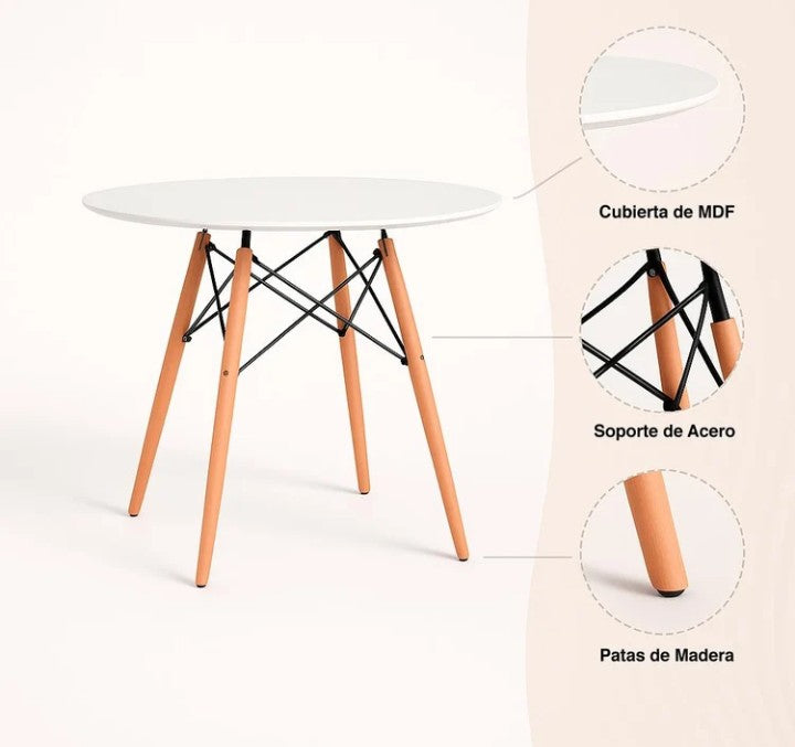 Mesa Eames 80 cm Diámetro MDF Color Blanco
